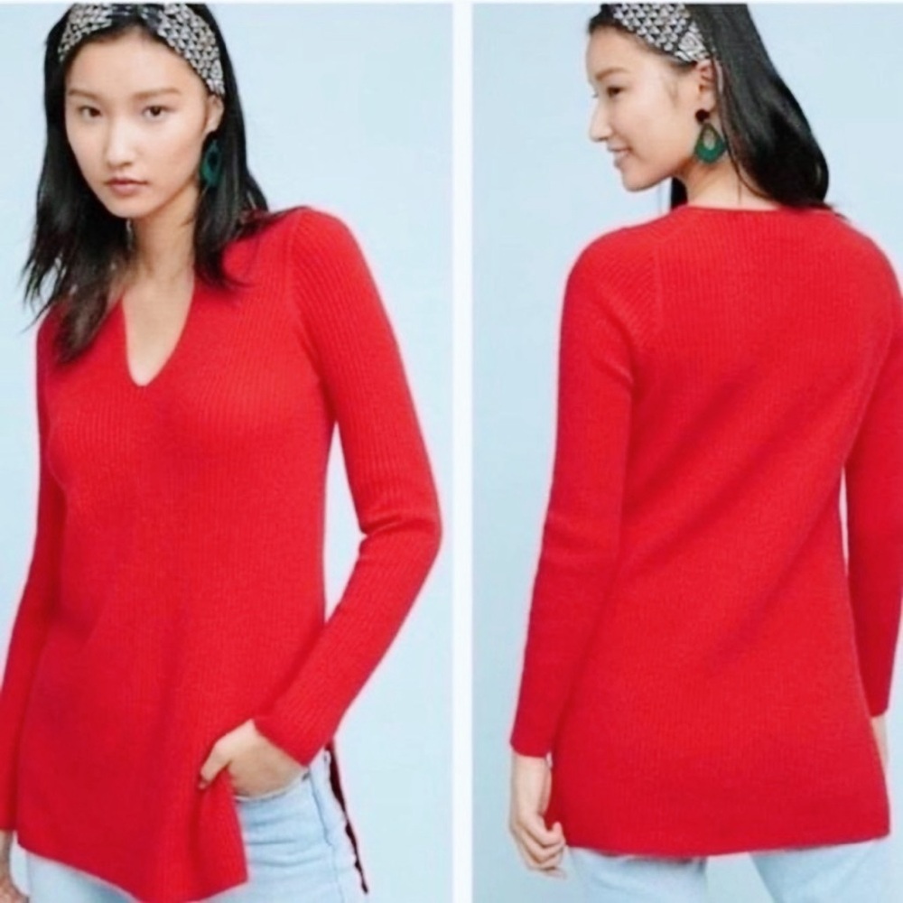 Anthropologie Red V-Neck Sweater Medium EUC